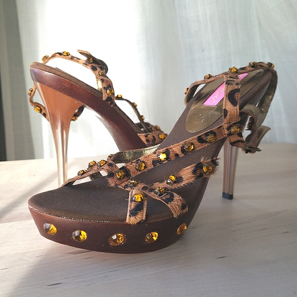 Betsey Johnson Shoes - SOLD Betsey Johnson T Strap Calf Hair Leopard Pump with Rhinestones and Wood 5.5